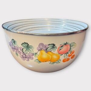 GMI Vintage Enamelware Mixing‎ Bowl Set Fruit & Floral 6 Piece Nesting White